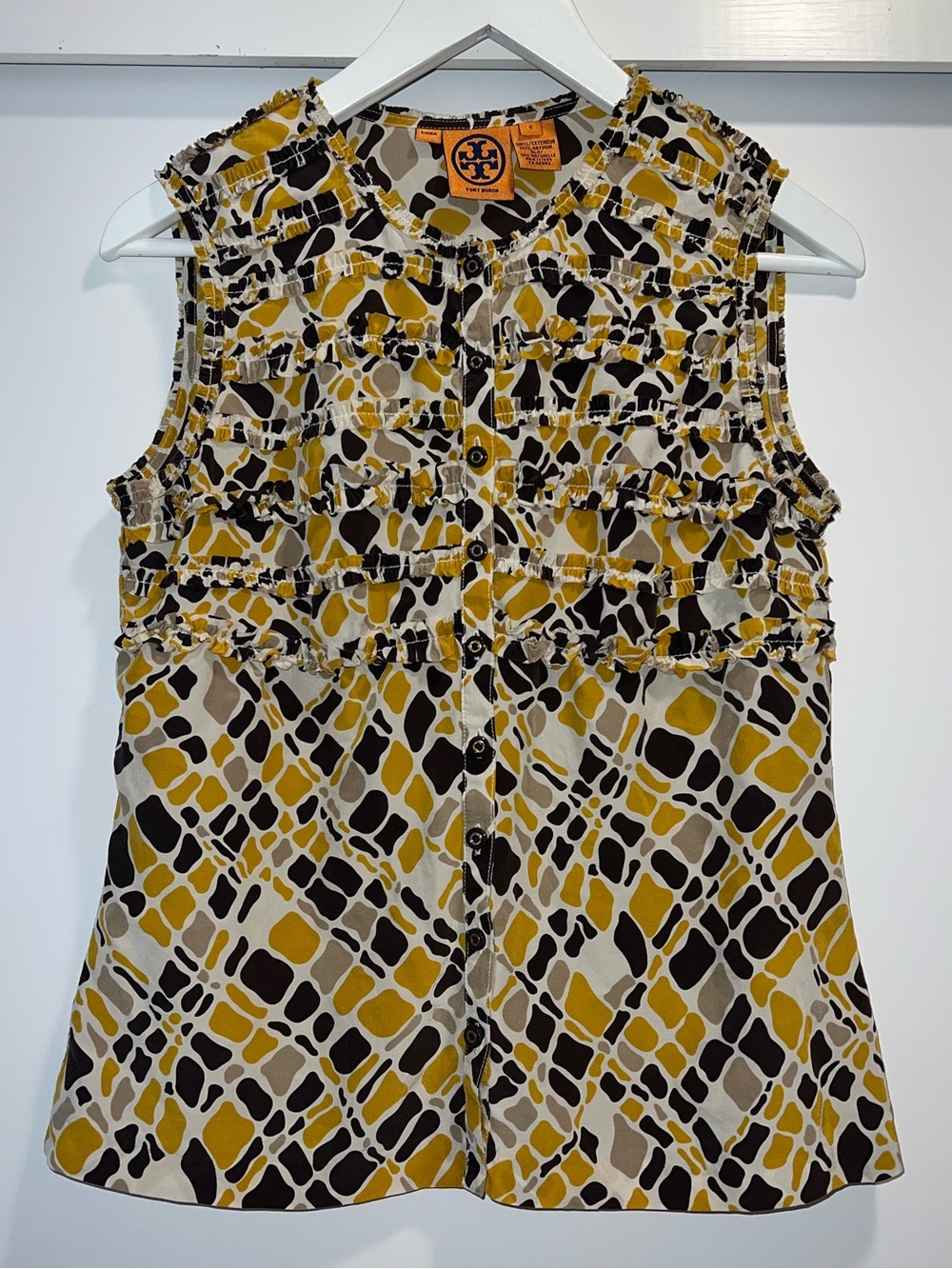 🤎Tory Burch Yellow Brown Cream Printed Sleeveless Button-Front Top